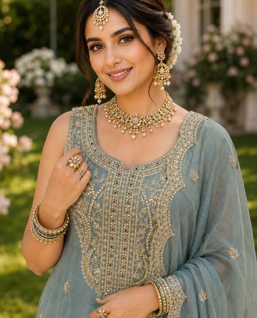 2172 - Aqua Blue Silk Beads, Diamond, Embroidered and Sequins Work Salwar Suit for Ceremonial